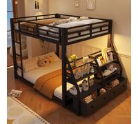 Lit superposé en métal 140 x 200 cm, avec éclairage LED et 2 tiroirs, structure solide avec espace de rangement et barrière de sécurité, noir