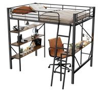 Lit superposé en métal - 90 x 200 cm - Bureau intégré - Trois grandes étagères - Espace de rangement - Noir