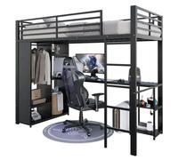 Lit superposé en métal - 90 x 200 cm - Noir - Fabriqué en MDF et en métal - Comprend un espace de rangement avec 3 étagères ouvertes - Bureau intégré - Garde-robe ouverte