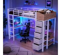 Lit superposé en métal 90x200 cm avec bureau pour adolescents | Éclairage LED, prise électrique, port USB Type C, 5 tiroirs en tissu, barre de penderie, MDF, blanc, motif à carreaux, gain de place