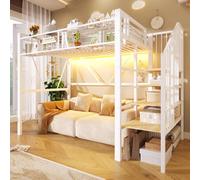 Lit superposé en métal avec barre lumineuse LED, étagère en escalier, éléments de sécurité et panier de rangement. Offre un espace de rangement idéal en dessous du lit. Dimensions : 90x200 cm. Couleur
