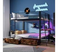 Lit superposé en métal avec bureau et 2 tiroirs Noir 140 x 200 cm | Musik-Sync Barre LED - Prise de courant - Grille de sécurité - Échelle - Charge maximale : 250 kg