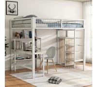 Lit superposé en métal avec bureau et armoire, dimensions 140x200 cm, couleur blanche. Comprend une échelle avec espace de rangement, plusieurs étagères et un design LOFT gain de place
