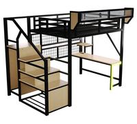Lit superposé en métal avec bureau - Lit superposé 140 x 200 cm - Échelle de sécurité - Étagère - Filet de rangement - Éclairage LED - Noir
