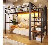 Lit superposé en métal avec éclairage LED intégré, étagère, panier de rangement et espace de stockage – gain de place et design moderne, sans matelas, couleur noire, dimensions 90 x 200 cm