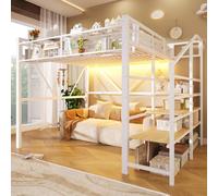 Lit superposé en métal avec étagères, barrières de sécurité, éclairage LED, espace de rangement et panier de rangement – Idéal pour les chambres d'enfants, dimensions 140 x 200 cm, sans matelas, coule