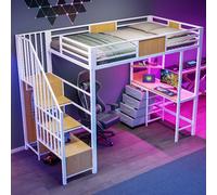 Lit superposé en métal de 90x200 cm avec bureau, étagères, penderie, éclairage LED et prise électrique, idéal pour les petites pièces