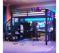 Lit superposé en métal, dimensions 140 x 200 cm, avec 3 rangements en bas, une armoire, un escalier avec espace de rangement et éclairage LED. Lit simple, barrière de sécurité, couleur noire, matériau