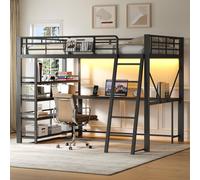 Lit superposé en métal, dimensions 140 x 200 cm, avec bureau, étagère à 4 niveaux, panier de rangement, station de charge USB et éclairage LED, échelle et barrière de sécurité, couleur noire
