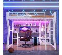 Lit superposé en métal Flieks 140 x 200 cm avec bureau et station de recharge, lit pour enfant et adolescent avec LED et tringle à vêtements, lit mezzanine avec échelle, blanc