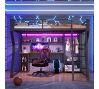 Lit superposé en métal Flieks 140 x 200 cm avec bureau et station de recharge, lit pour enfants et adolescents avec LED et tringle à vêtements, lit mezzanine avec échelle, noir