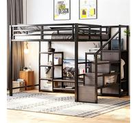 Lit superposé en métal Flieks 140 x 200 cm avec meuble TV et étagère, lit double pour adolescent avec prise électrique, lit mezzanine pour enfant avec sommier à lattes, gris