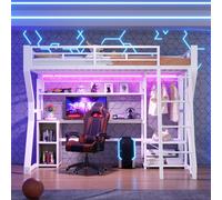 Lit superposé en métal Flieks 90 x 200 cm avec bureau et station de recharge, lit pour enfant et adolescent avec LED et tringle à vêtements, lit mezzanine avec échelle, blanc