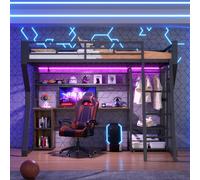 Lit superposé en métal Flieks 90 x 200 cm avec bureau et station de recharge, lit pour enfant et adolescent avec LED et tringle à vêtements, lit mezzanine avec échelle, noir