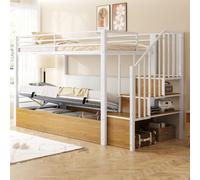 Lit superposé en métal Flieks 90 x 200 cm avec rangement, lit mezzanine simple à levage hydraulique avec escalier et étagères, lit pour enfants et adolescents, blanc