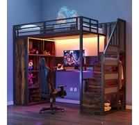 Lit superposé en métal Merax 90 x 200 cm avec armoire, lit mezzanine avec escalier de rangement, bureau avec prises électriques européennes, tôle perforée et bande lumineuse LED, noir