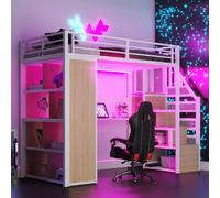Lit superposé en métal Merax 90 x 200 cm avec armoire, lit mezzanine avec escalier de rangement, bureau avec prises électriques européennes, tôle perforée et bande lumineuse LED, blanc
