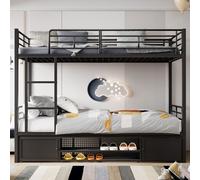 Lit superposé en métal, placard double porte, étagère chaussures, échelle latérale, barrière, noir, 90x200cm