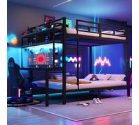 Lit superposé Enfant 140 x 200 cm avec LED et Port USB,lit Mezzanine 2 Places,lit superposé 2 Places lit Double Enfant,lit Enfant avec Rangement,avec Compartiments de Rangement et Bureau,Noir