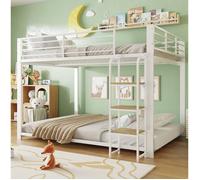Lit superposé enfant 140 x 200 cm blanc en métal et MDF avec escalier à marches larges et garde-corps haut