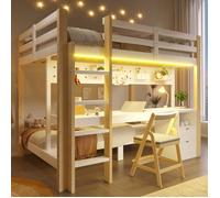 Lit superposé enfant 2/3 places 90/140x200cm Lit ado Lit double en bois avec bureau tiroirs panneau perforé bande LED - naturel