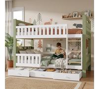 Lit superposé enfant 2 couchages 90 x 200 cm avec 3 tiroirs, étagère latérale, échelle et garde-corps surélevé, rangement pratique, blanc et vert