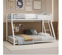 Lit superposé enfant 2 places 90/140x190 cm en métal blanc avec échelle et garde-corps intégral, 2 bases métalliques