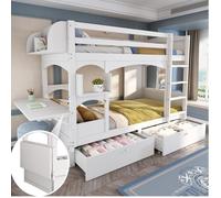 Lit superposé enfant 2 places 90×200 cm bureau pliable, étagères et 2 tiroirs - YEAVIO - sans matelas, bois - blanc