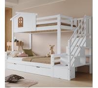 Lit Superposé Enfant 2 Places 90×200 cm et 120×200 cm avec 2 Tiroirs Escalier d’Angle et Sans Matelas - MEUVYX