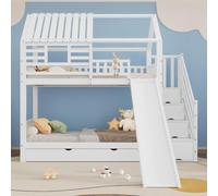 Lit superposé enfant 2x90x200 cm avec toboggan, escalier de rangement, triple tiroir, toit, fenêtre et barrière de sécurité, lit cabane en pin/MDF, blanc