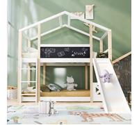 Lit Superposé Enfant 2x90x200cm avec Toboggan, Bois Chêne et Blanc, Barrières de Sécurité, Sommier à Lattes