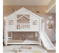Lit superposé enfant 2x90x200cm avec toboggan, lit double avec fenêtre et toit, sommier à lattes et marches, bois massif, blanc
