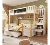 Lit Superposé Enfant 3 Couchages 90x200 et 140x200 cm | Bois Massif avec Rangements Intégrés, Tableau Noir & Échelle Armoire | Mezzanine Gain de Place pour Chambre d'Enfant | Certifié EN 747-1:2024