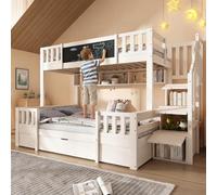 Lit Superposé Enfant 3 Couchages 90x200 et 140x200 cm | Bois Massif avec Rangements Intégrés, Tableau Noir & Échelle Armoire | Mezzanine Gain de Place pour Chambre d'Enfant | Certifié EN 747-1:2024