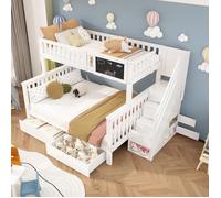 Lit superposé enfant 3 places 90/140x200cm Lit adulte Lit double en bois avec tableau noir tiroirs et sommier à lattes - blanc