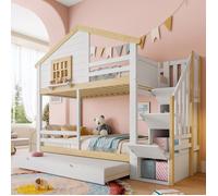 Lit superposé enfant 3 places 90×200 cm Lit cabane Lit triple en bois avec lit gigogne échelle de rangement et blanc + naturel