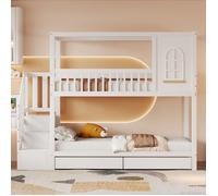 Lit superposé enfant 90×200 cm Lit cabane Lit double en bois massif avec escalier de rangement 2 tiroir et sommier à lattes - blanc