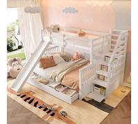 Lit superposé Enfant 90 x 200 avec Espace de Rangement et Toboggan,lit Mezzanine 2 Places escalier 90 x 200,lit cabane Enfants avec Barriere,Blanc