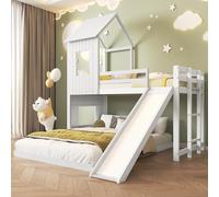 Lit superposé enfant 90 x 200 cm et 140 x 200 cm avec toboggan, lit cabane enfants,lit mezzanine 2 places lit enfant avec barrière de sécurité,fenêtre et toit,avec échelle à trois marches,blanc