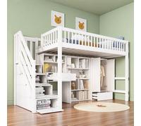 Lit superposé Enfant 90x200 avec casiers Armoire,lit Mezzanine avec Bureau et escalier,lit Enfant avec Barriere,superposé 2 Places,Bois Massif + MDF,Blanc