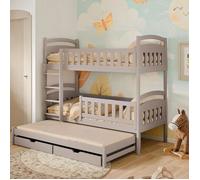 Lit superposé enfant 90x200 cm - Avec lit gigogne - Lit enfant avec sommier et tiroirs - Lit 3 places - Pin massif - Cachemire