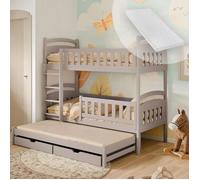 Lit superposé 90x200 pour Enfants et Adolescents - 3 couchages avec tiroirs, Convertible en 3 Lits Simples | de 4 à 16 Ans | sommiers et 3 Matelas Inclus | Cachemire