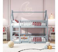 Lit superposé enfant 90x200, design loft avec escalier, cadre bois massif. Gris.