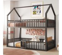 Lit superposé enfant 90x200, lit double métallique, lit familial, avec escalier, design loft, lit inférieur avec petite porte, noir