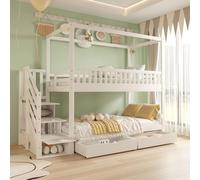 Lit superposé enfant 90x200cm (bois massif blanc) : double en forme de maison, garde-corps, rangement, échelle sécurité, garçon/fille