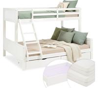 Lit superposé enfant avec 2 matelas, 90x200 cm et 140x200 cm, bois blanc – lit superposé double / lit mezzanine avec 2 tiroirs de lit