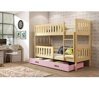 Lit superposé enfant avec espace de rangement avec matelas 80x190 BRIGID - pin / rose