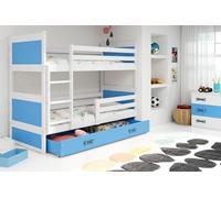 Lit superposé enfant avec espace de rangement avec matelas 80x190 FERGUS - blanc / bleu