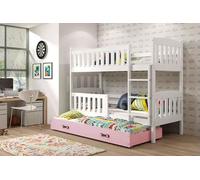 Lit superposé enfant avec lit d'appoint et matelas 80x190 BRIGID - blanc / rose