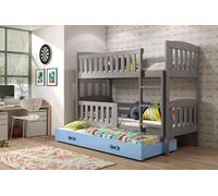Lit superposé enfant avec lit d'appoint et matelas 80x190 BRIGID - graphite / bleu